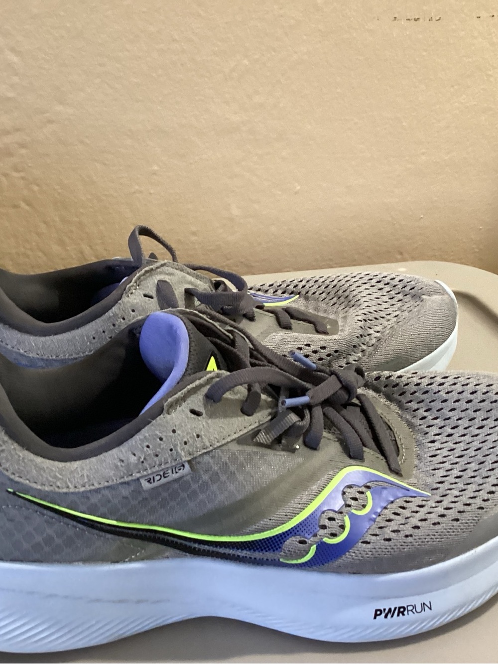 Saucony Men's Gray Running Sneakers with Purple and Neon Green Accents